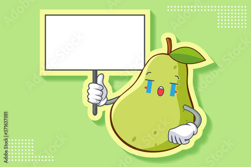 CRYING, SAD, SOB, CRY Face Emotion. Holding Whiteboard Hand Gesture. Green Pear Fruit Cartoon Drawing Mascot Illustration.