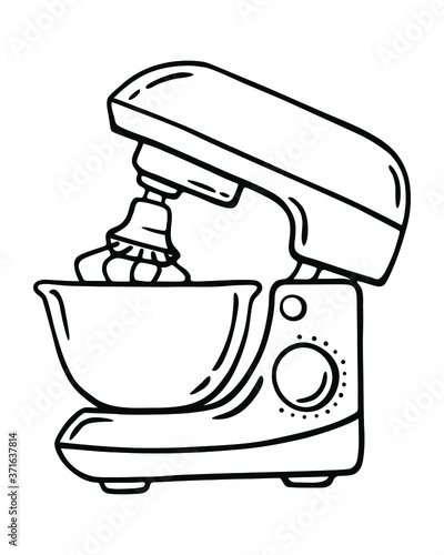 Vector black and white illustration in hand-drawn style: kitchen machine (food processor)
