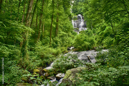 Waterfall in lush green forest photo