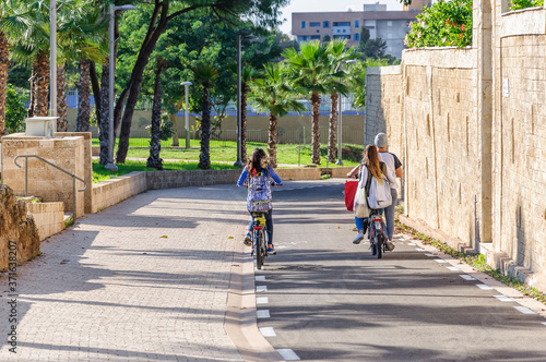 Bicycle lane and a path for pedestrians. Jaffa, Tel Aviv, Israel.