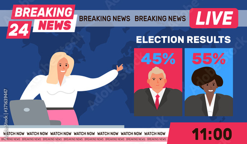 breaking news anchorwoman  in studio USA presidential election candidates  results live streaming