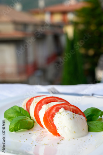 Caprese salad made with fresh soft white italian cheese mozzarella buffalo, green basil, red tomatoes and origano herb photo