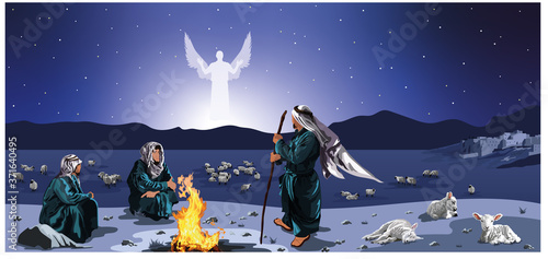 Shepherds Watch Their Flock By Night - with town of Bethlehem, angel, sheep, lambs, campfire, three shepherds vector