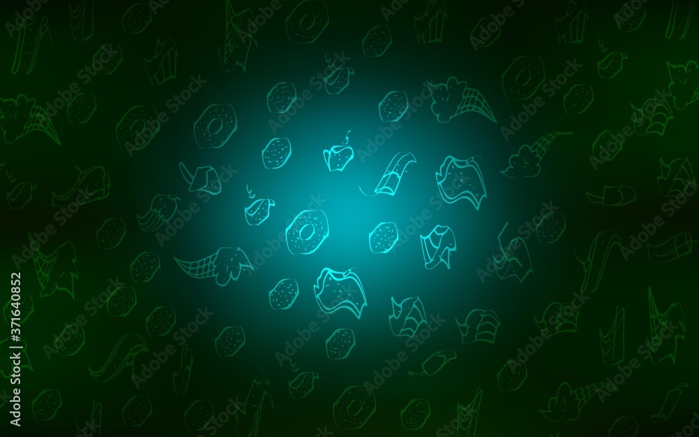 Dark Green vector cover with set of confections. Beautiful colored illustration with candies in doodle style. Doodle design for your business advert of cafes. Dark Green vector cover with set of confections. Beautiful colored illustration with candies in doodle style. Doodle design for your business advert of cafes.