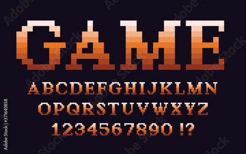 Pixel classic serif font with gradient Video computer game design 8 bit retro letters and numbers Vector alphabet