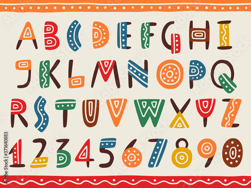 Tribal ethnic bright alphabet and number
