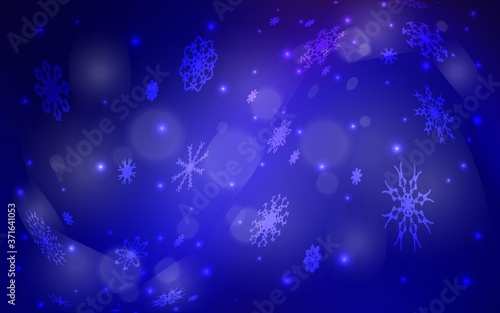 Dark BLUE vector cover with beautiful snowflakes. Shining colored illustration with snow in christmas style. The pattern can be used for year new websites.