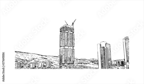 Building view with landmark of Ankara, Turkey’s cosmopolitan capital, sits in the country’s central Anatolia region. Hand drawn sketch illustration in vector.