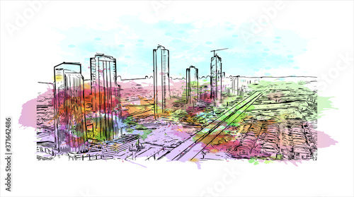 Building view with landmark of Ankara, Turkey’s cosmopolitan capital, sits in the country’s central Anatolia region. Watercolor splash with hand drawn sketch illustration in vector.