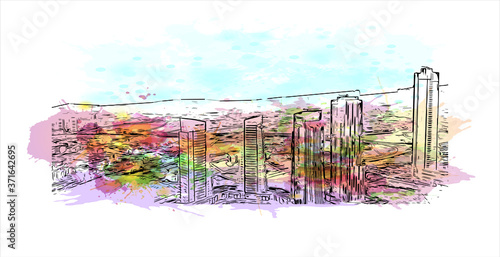 Building view with landmark of Ankara, Turkey’s cosmopolitan capital, sits in the country’s central Anatolia region. Watercolor splash with hand drawn sketch illustration in vector.