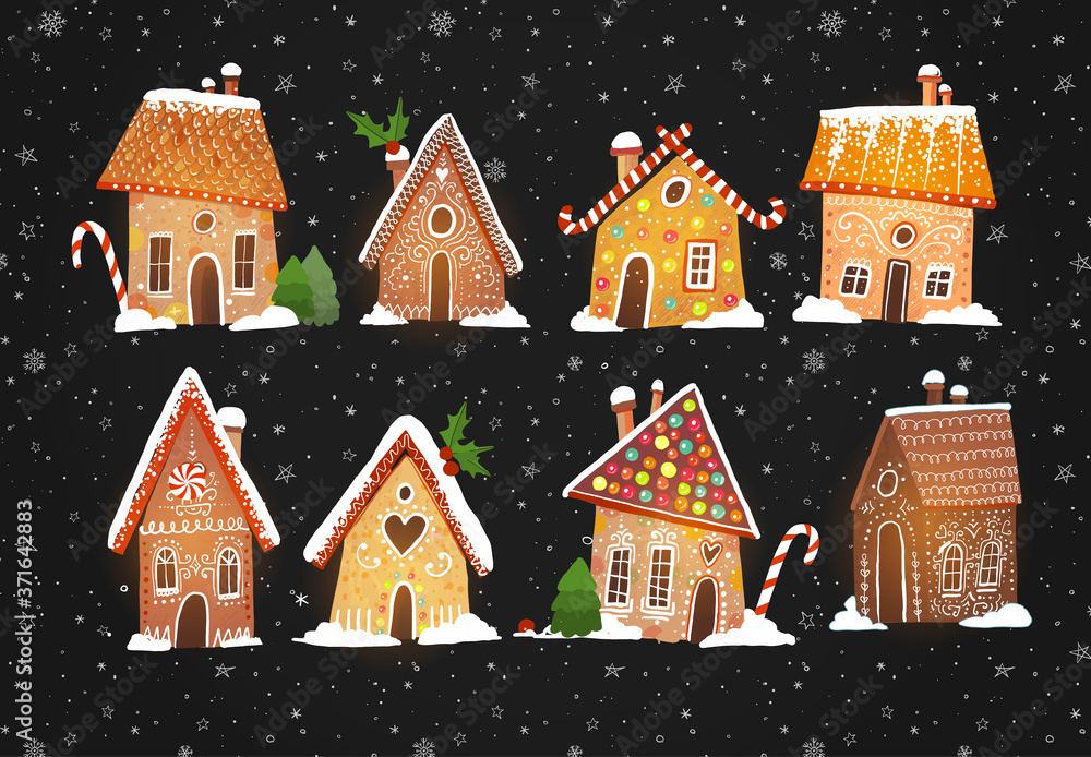 Set of cute gingerbread houses with christmas decorations on black backrground