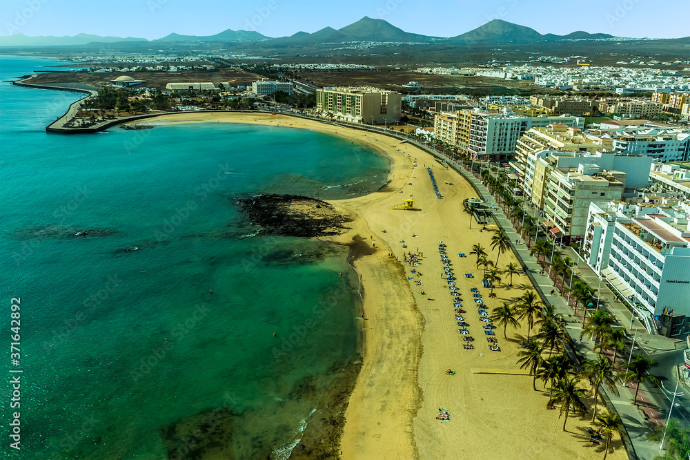 An aerial view of the Reducto beach in Arrecife, Lanzarote on a sunny afternoon