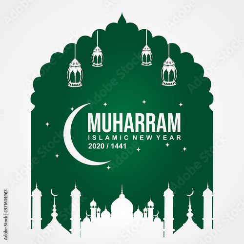 Happy muharram islamic new hijri year 1441, Muslim community festival backdrop banner template design. vector illustration. photo