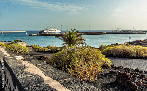 A view from the castle of San Jose towards the harbour and port area in Arrecife  Lanzarote on a bright sunny afternoon