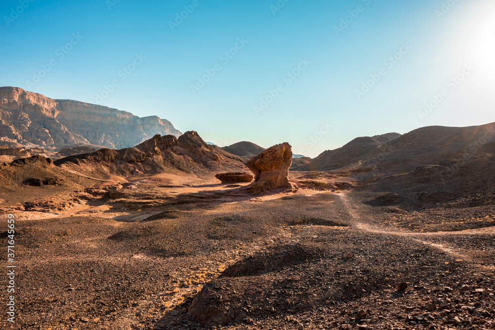 Sculpture of a mushroom and a half made by nature in the Arave Valley near Eilat. Timna Park, Israel. 