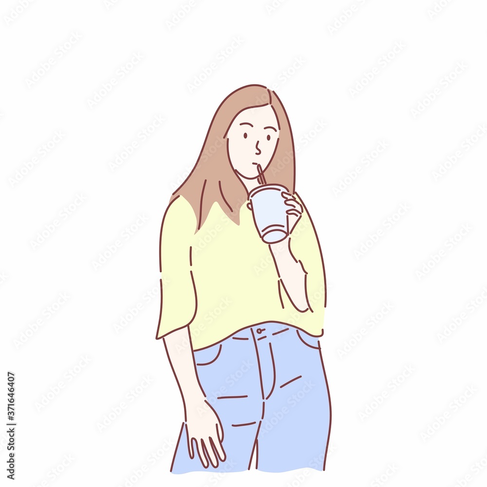 Woman drinking water from plastic tumbler. Hand drawn character flat style vector. Woman drinking water from plastic tumbler. Hand drawn character flat style vector.