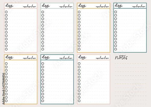 Colorful undated planner with to do lists and checklists for business, social media, self motivation etc. Printable weekly and daily undated planner. Vector illustration
