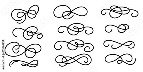 Set of hand drawn elegant flourishes isolated on white background. Vector illustration objects collection for wedding, invitations, posters, decor, menu etc. Vintage swirls, scrolls and swashes.