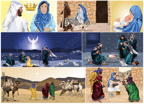 Nativity Storyboard - Birth Of Jesus Christ - with Mary, Joseph, Angel Gabriel, Shepherds & Wise Men Vector Illustration