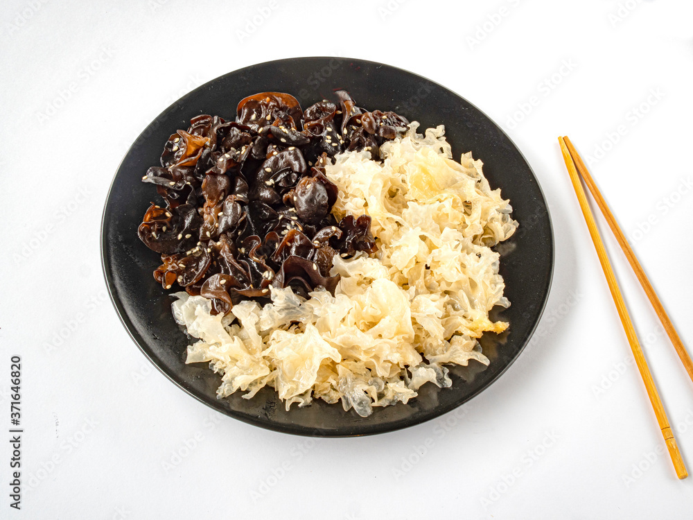 Salad with Tree Mushrooms (White and black mushrooms, spices, onion oil) Salad with Tree Mushrooms (White and black mushrooms, spices, onion oil)