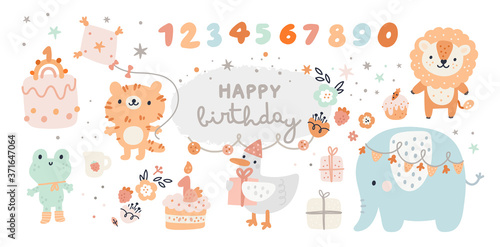 Happy birthday collection with cartoon animals. Baby shower celebration design elements: rainbow, cartoon animals, cakes, flowers. Ideal for kids cards, poster, prints, anniversary, invitation