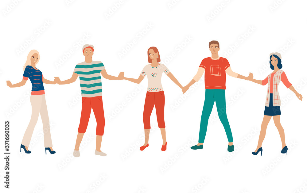 Set of young men and women dancing hand in hand, different colors, cartoon character, silhouettes of people, students, flat icon design concept