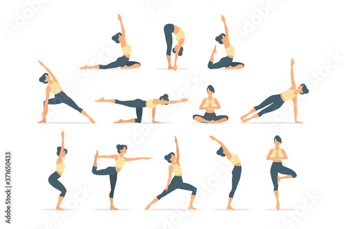 set of a slim sportive young woman doing fitness and yoga exercises. Interest sportswear. sport vector flat illustration design isolated on white background for t-shirt graphics, icons, posters, print