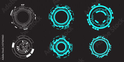 Futuristic HUD round circular elements for target screen and border aim control panel. Screen elements set of Sci Fi User Interface for Gaming UX UI.