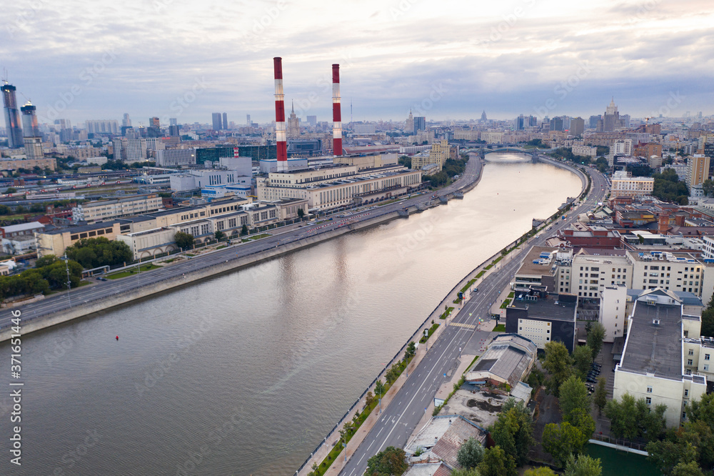 panoramic views of the city, the ancient fortress and the river at dawn filmed from a drone