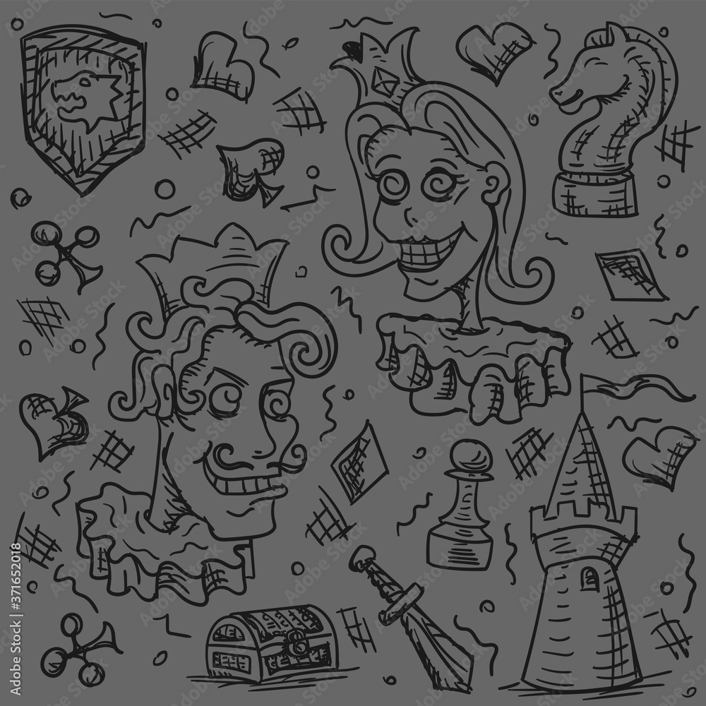 The background of the person king Queen people chess, card fortress hand drawn Doodle on a grey background. Vector image