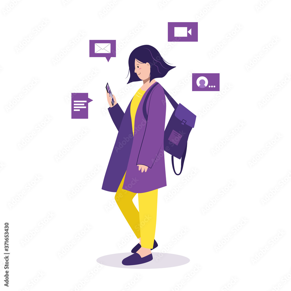 Online talking, chatting. Concept of social media. Young girl uses the phone, scrolls the news while walking. Student with backpack browsing mobile internet, spending free time. Isolated vector Online talking, chatting. Concept of social media. Young girl uses the phone, scrolls the news while walking. Student with backpack browsing mobile internet, spending free time. Isolated vector