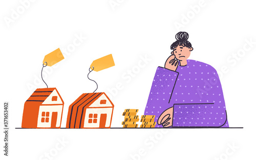 Upset woman looking at houses. Girl with house and money coins on isolated background. Concept of business in real estate, mortgage, rent, home buying, lack of money for housing. Houses with price tag