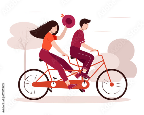 Tandem bike with happy couple. Smiling guy and girl enjoying cycling. Riding bicycle in the park. Walking, sports, traveling. Young woman waving hat. Active lifestyle. Isolated vector illustration
