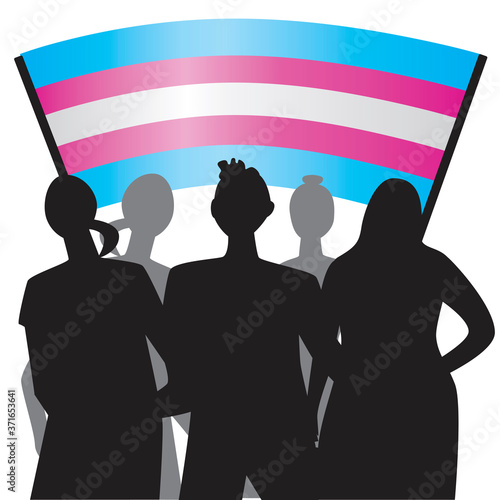 Silhouettes of people with flags in their hands as a concept of protest of the LGBTQ community, the fight for provo homosexuals, vector stock illustration with humanity or transgender