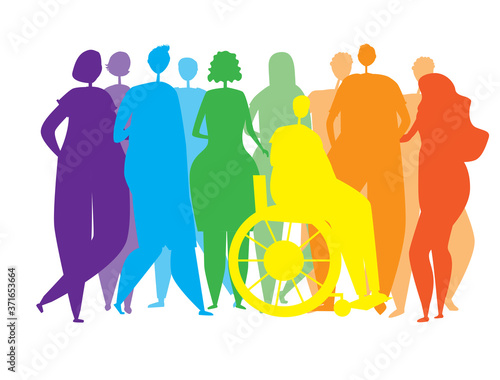 Silhouettes of people, men, women, disabled people in a wheelchair as an end to the inclusiveness of the lgbtq community, vector stock illustration with homosexuals or rainbow pride