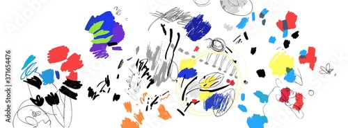 Contemporary art background. Brush, marker, pencil stroke pattern. Vector artwork. Memphis vintage, retro 80s, 90s style. Children, kids sketch drawing. Blue, red, yellow, purple, green, black colors.