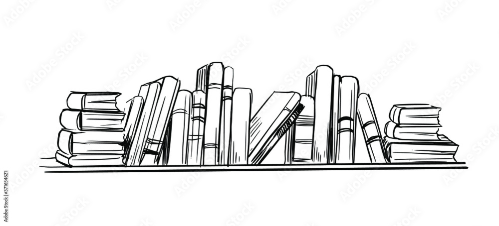 Books on the bookshelf. Hand drawn sketch illustration. Vector with