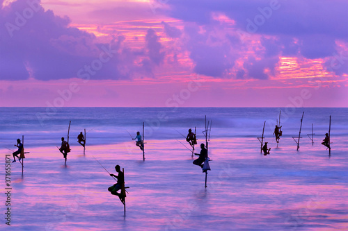 Valokuva Fishermen on stilts in silhouette at the sunset in Galle, Sri Lanka