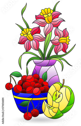 Fototapeta Naklejka Na Ścianę i Meble -  Illustration in stained glass style with still life, jug with flowers and fruit, isolated on a white background