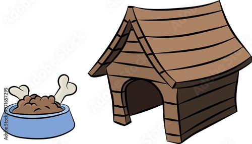 Cartoon dog house and a bowl full of dog food and bones