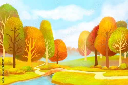 Hand-drawn autumn landscape with yellow, red, orange trees, a river and a bridge. Stylized trees. Drawing autumn. © Medvedeva