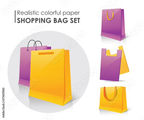Realistic colorful paper shopping bag set 3D