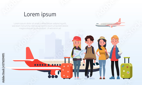 Happy group of teen traveler at the airport. Vector illustration in a flat style