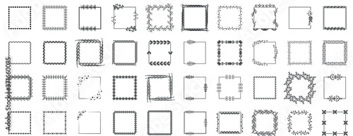 Set Black Simple Line Collection Doodle Square Floral Frame Leaves Elements Vector Design Style Sketch Isolated Illustration For Banner