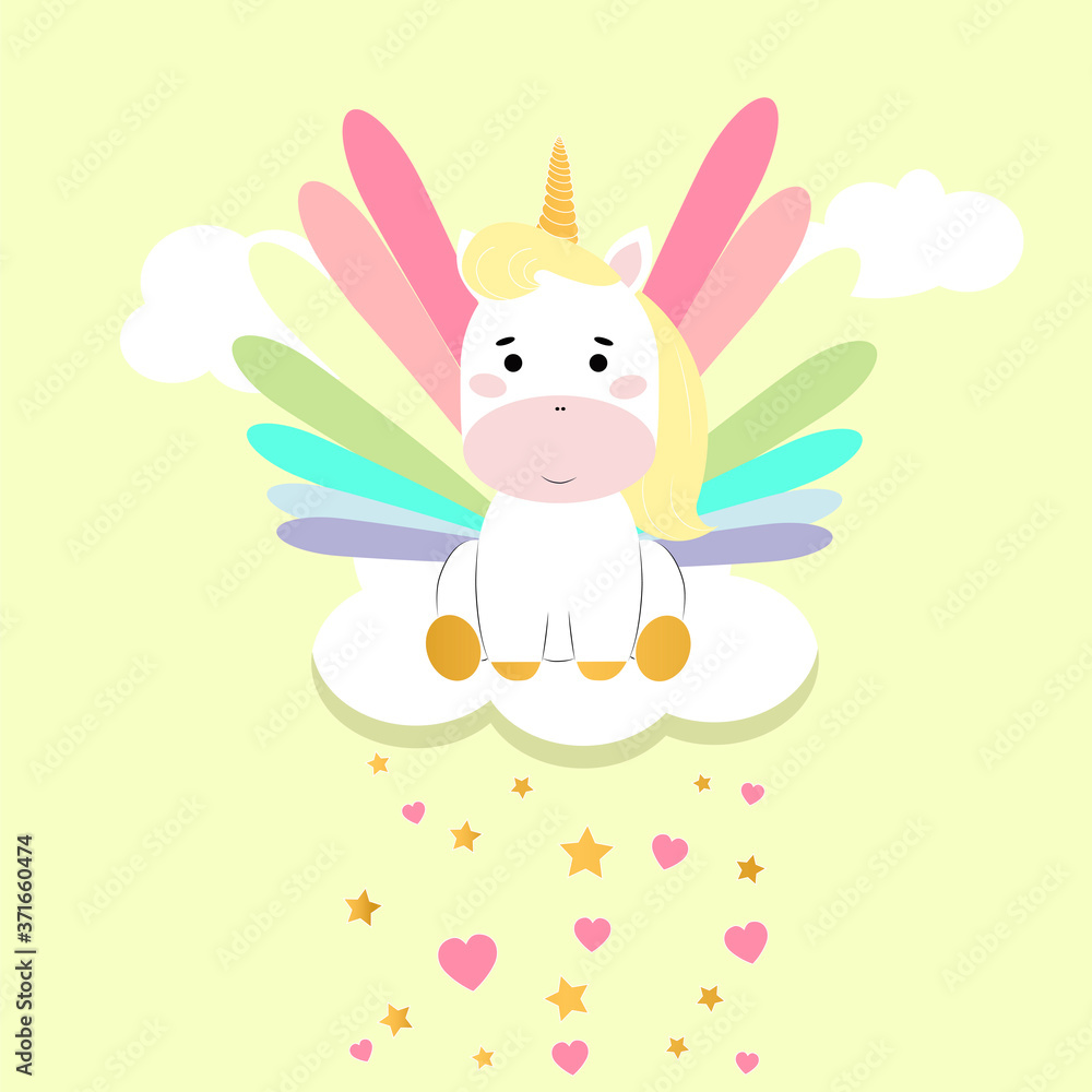 Baby unicorn with stars and hearts. Vector