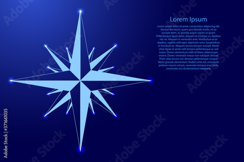 Wind rose with intermediate points compass star navigation blue color and glowing stars. Vector illustration.