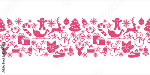 Christmas stencil seamless border isolated on white. Deer, christmas ball, sledge, bell, candle, sweet, gift etc. Vector stock illlustration. EPS 10