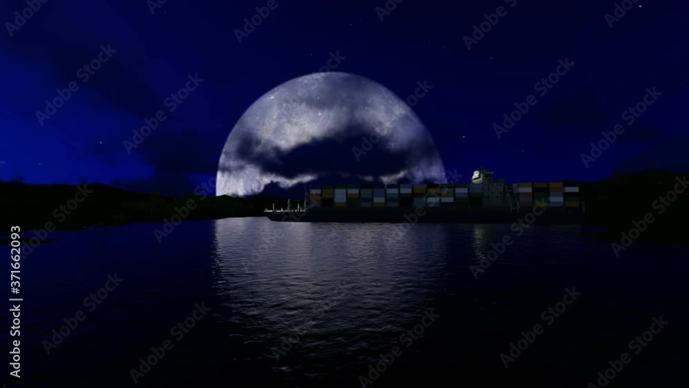 Cargo ship under big beautiful moon. Cargo ship under big beautiful moon.