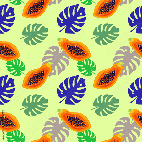 Tropical seamless pattern with halved papaya and monstera leaves of green, blue and brown colors.