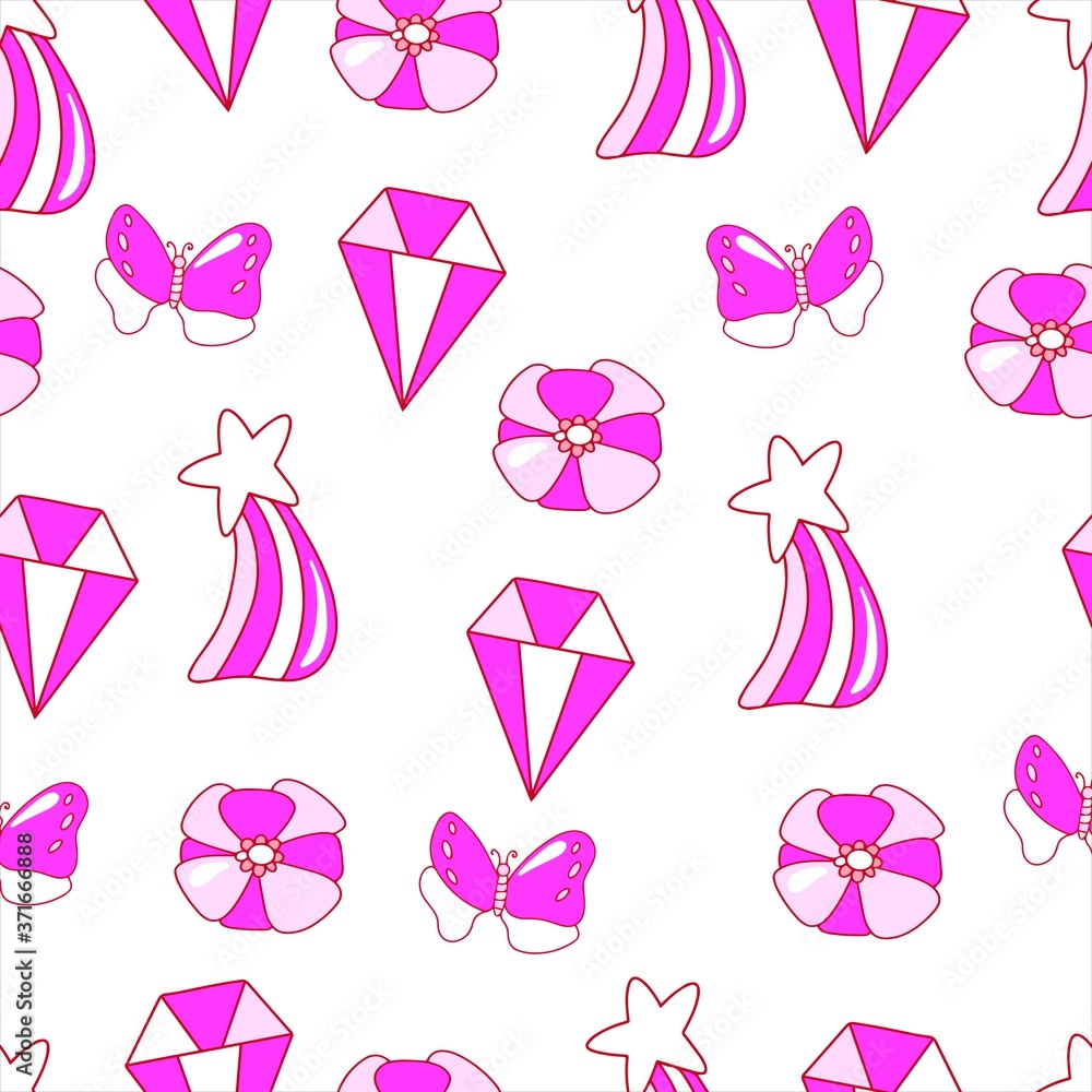 Pink diamond cute seamless pattern on white background isolated object. For textile and paper design